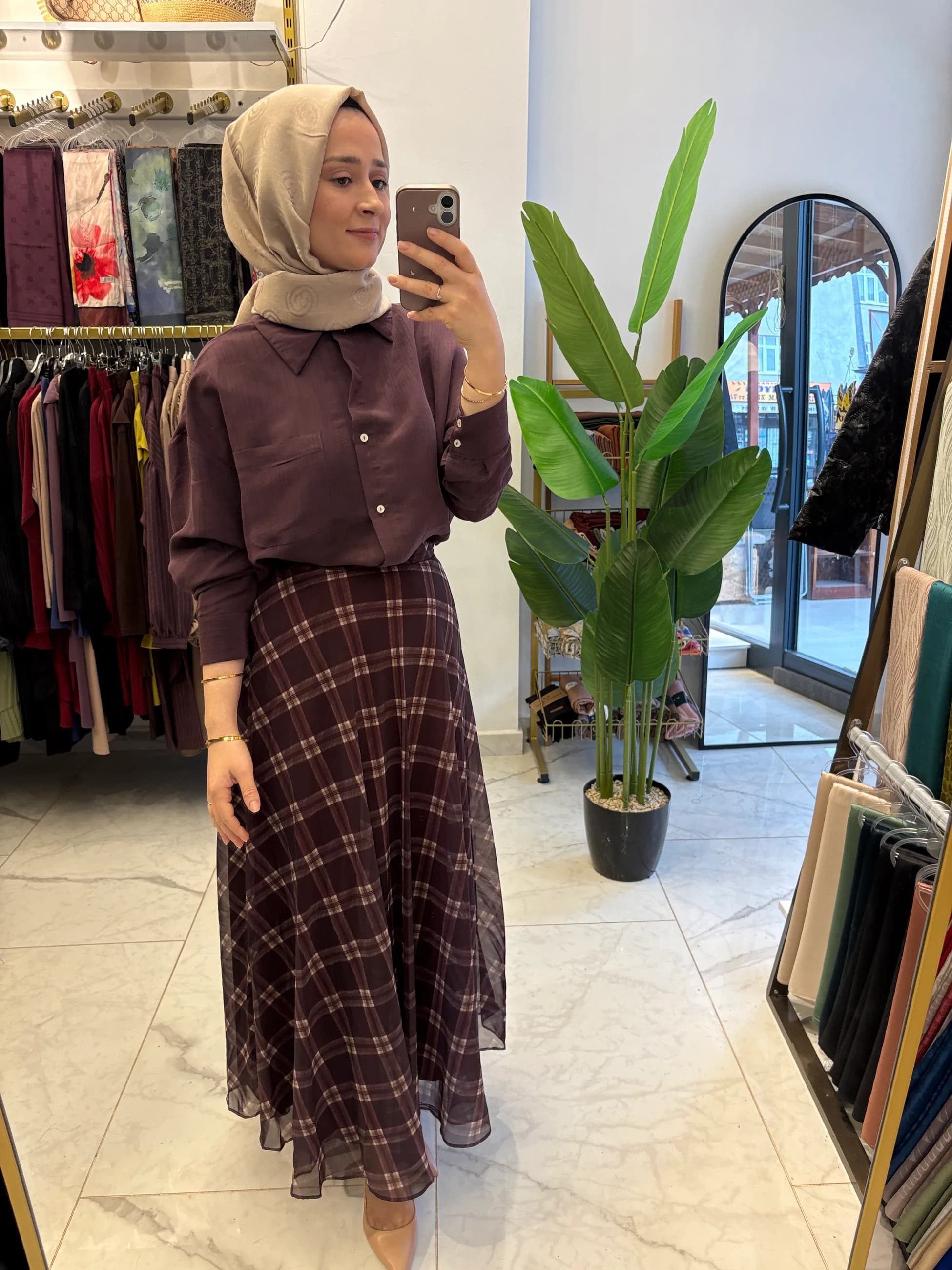 İçi Astarlı Yandan Fermuarlı Şifon Etek-Mürdüm